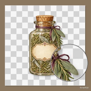May include: A clear glass apothecary jar filled with dried green herbs, sealed with a cork stopper. A dark purple twine is tied around the neck, securing a sprig of sage and rosemary. A blank, ornate, cream-colored label is centered on the front.