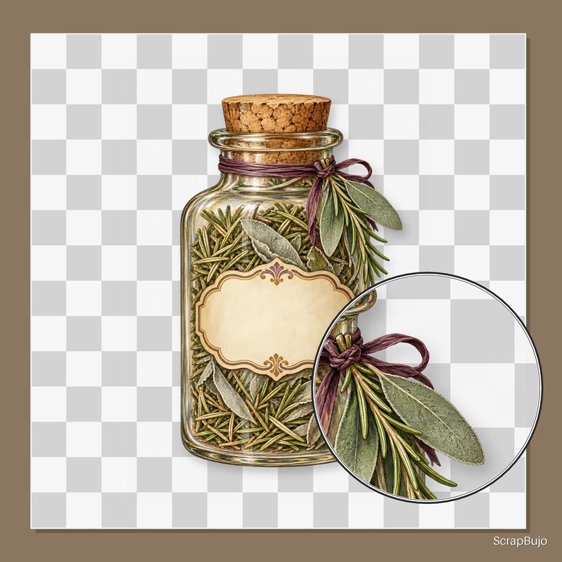 May include: A clear glass apothecary jar filled with dried green herbs, sealed with a cork stopper. A dark purple twine is tied around the neck, securing a sprig of sage and rosemary. A blank, ornate, cream-colored label is centered on the front.