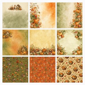 May include: A collection of nine square digital paper designs featuring autumn themes. Patterns include watercolor-style illustrations of pumpkins, mushrooms, baskets of apples, foxes, and small cottages in shades of orange, green, and cream.