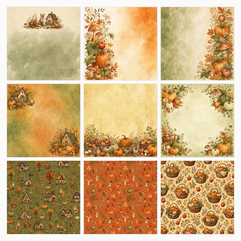 May include: A collection of nine square digital paper designs featuring autumn themes. Patterns include watercolor-style illustrations of pumpkins, mushrooms, baskets of apples, foxes, and small cottages in shades of orange, green, and cream.