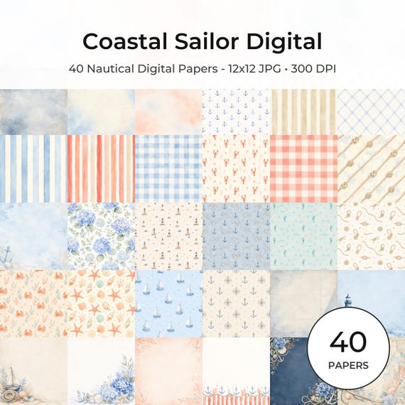 Nautical Digital Paper Pack, Watercolor Coastal Scrapbook Pages (12×12 JPG, 300 DPI)