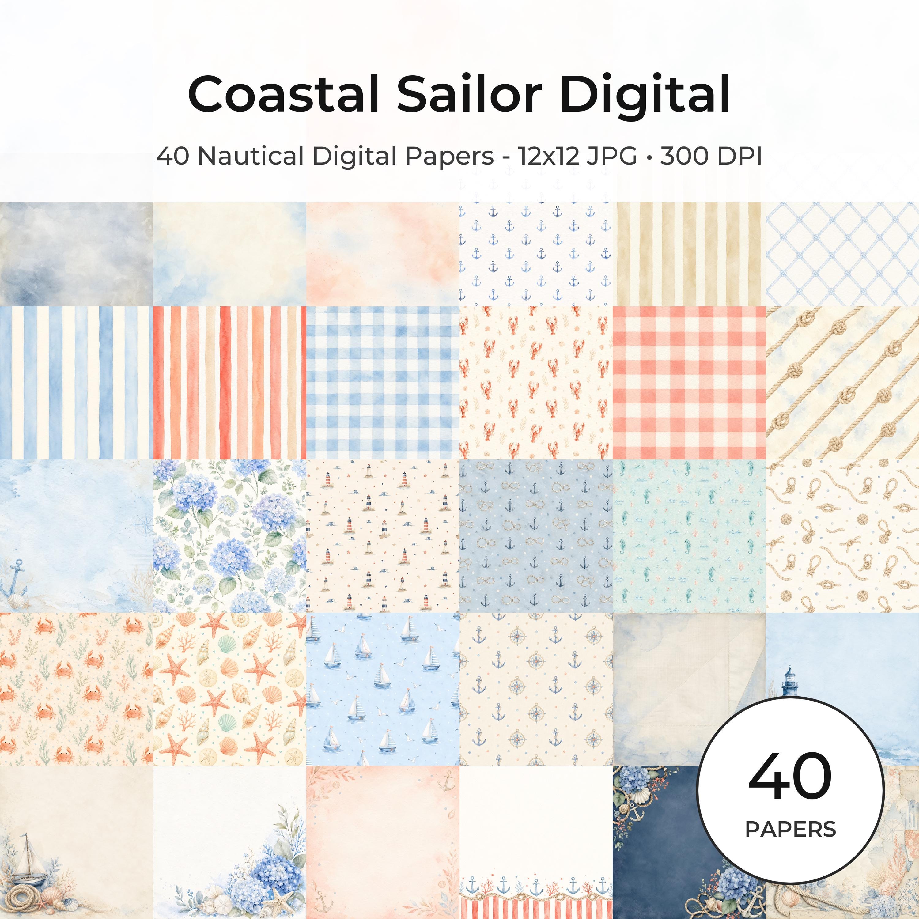 Nautical Digital Paper Pack, Watercolor Coastal Scrapbook Pages (12×12 JPG, 300 DPI) actual digital paper preview