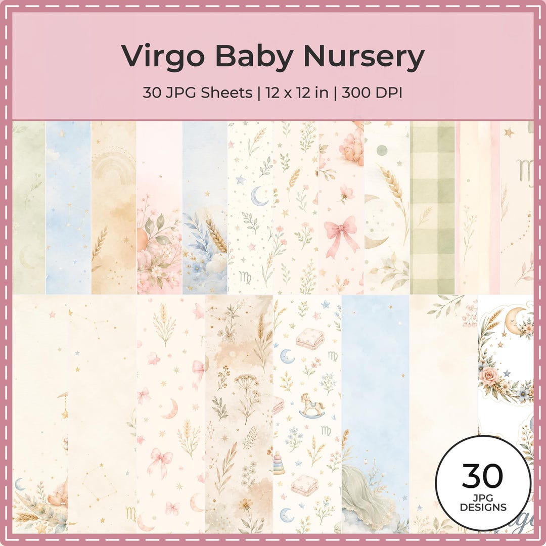 Virgo Baby Nursery Digital Paper Pack, Watercolor Zodiac Designs (Digital Download)