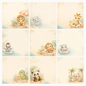 Baby Safari Scrapbook Paper Bundle | Watercolor Kawaii Animals, Beach Patterns (Digital Download) preview 5