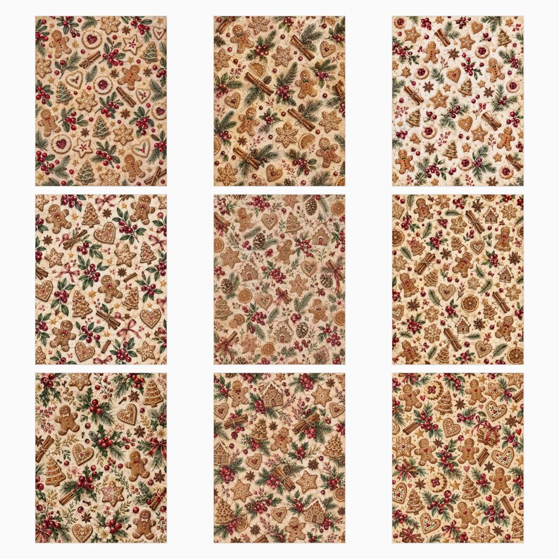 Puede incluir: Una tela con un patr&oacute;n repetitivo de hombres de jengibre, galletas en forma de estrella y coraz&oacute;n, ramas de canela, ramas de pino y bayas rojas sobre un fondo beige claro. El dise&ntilde;o muestra varios productos horneados de tem&aacute;tica navide&ntilde;a.