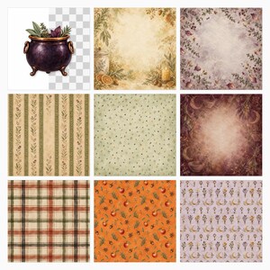 May include: A collection of nine digital papers featuring a purple cauldron with herbs, botanical borders with candles and dried fruit, floral patterns, striped greenery, speckled textures, celestial motifs, plaid, and patterns of apples, keys, and moons.