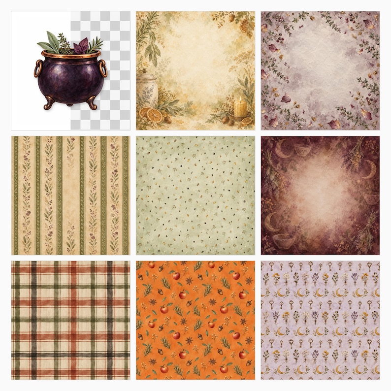 May include: A collection of nine digital papers featuring a purple cauldron with herbs, botanical borders with candles and dried fruit, floral patterns, striped greenery, speckled textures, celestial motifs, plaid, and patterns of apples, keys, and moons.