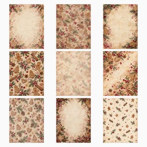 Puede incluir: Una colecci&oacute;n de nueve hojas de papel digital rectangulares con fondos de estilo pergamino vintage decorados con motivos festivos que incluyen galletas de jengibre, ramas de pino, bayas rojas, palitos de canela y rodajas de naranja seca.