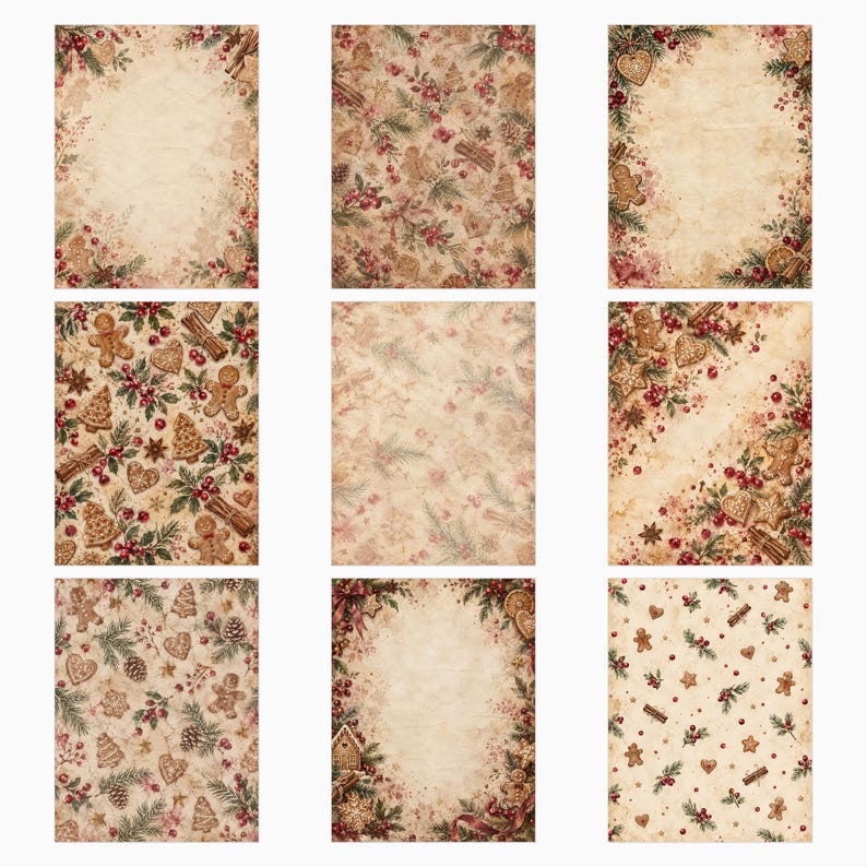 Puede incluir: Una colecci&oacute;n de nueve hojas de papel digital rectangulares con fondos de estilo pergamino vintage decorados con motivos festivos que incluyen galletas de jengibre, ramas de pino, bayas rojas, palitos de canela y rodajas de naranja seca.
