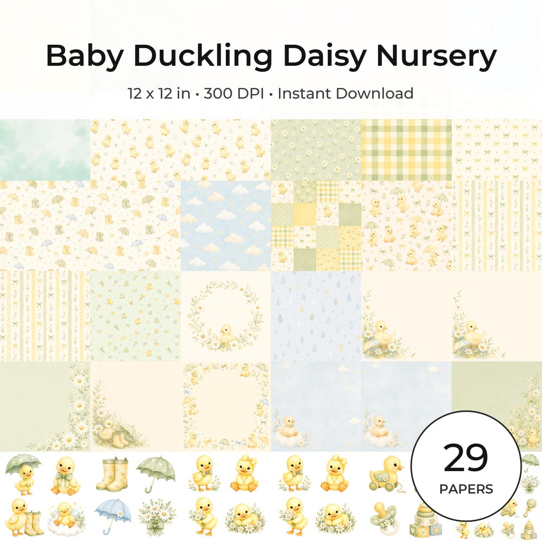 Baby Duckling Daisy Watercolor Papers, Nursery Scrapbook Journal Pages (Digital Download)