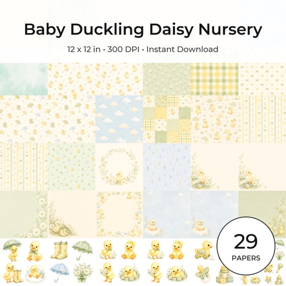 Baby Duckling Daisy Watercolor Papers, Nursery Scrapbook Journal Pages (Digital Download)