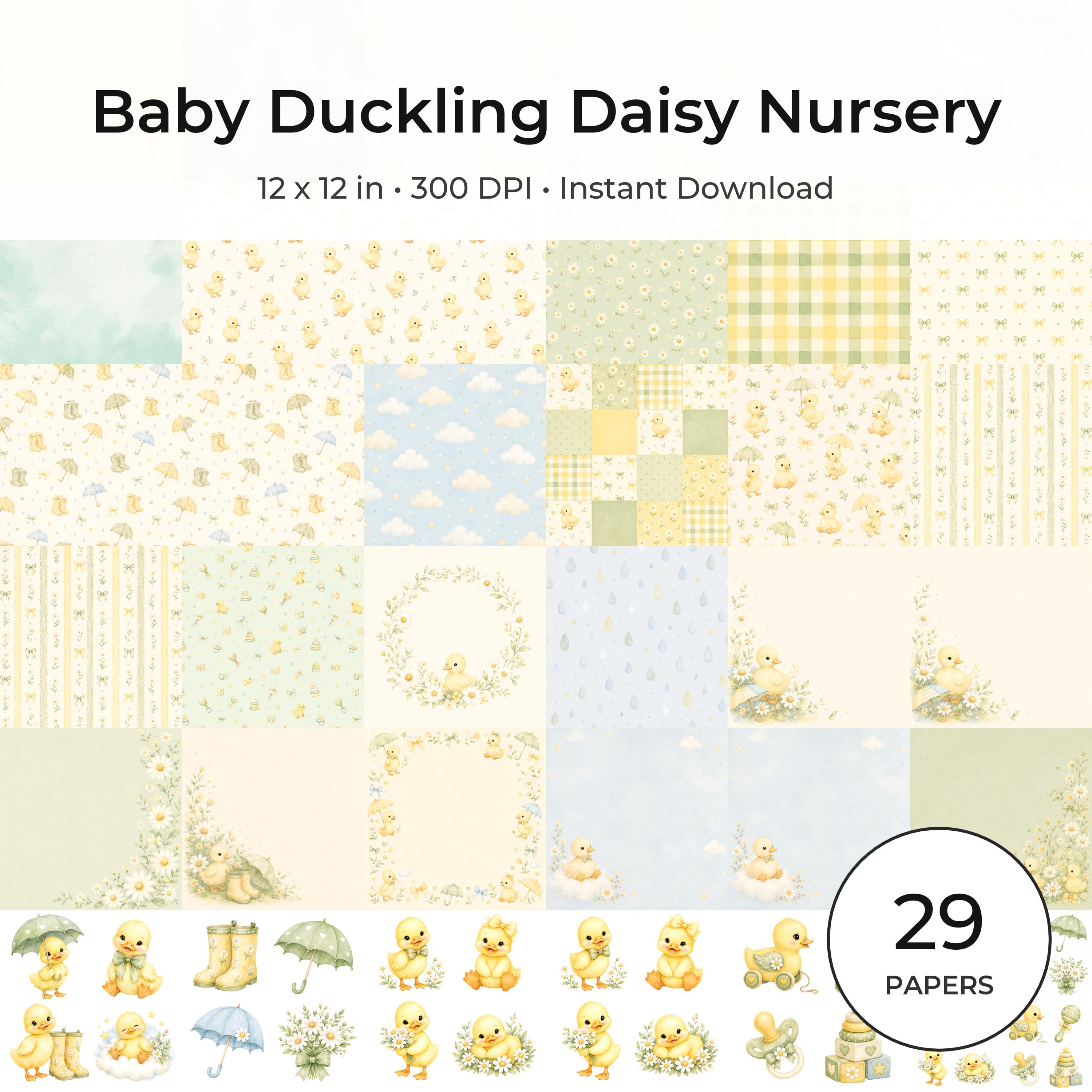 Baby Duckling Daisy Watercolor Papers, Nursery Scrapbook Journal Pages