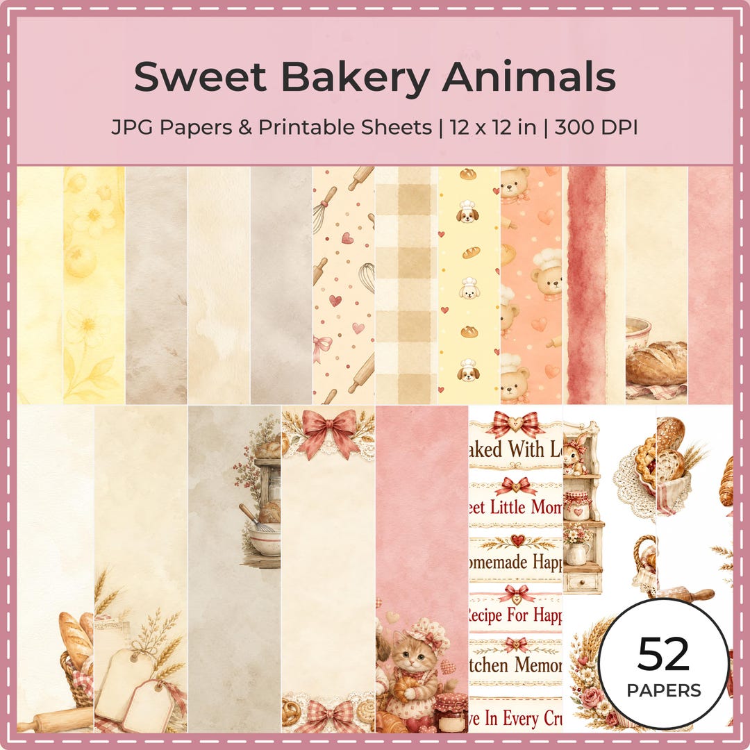 Watercolor Bakery Animals Digital Papers, Cats, Dogs, Bears (Digital Download)