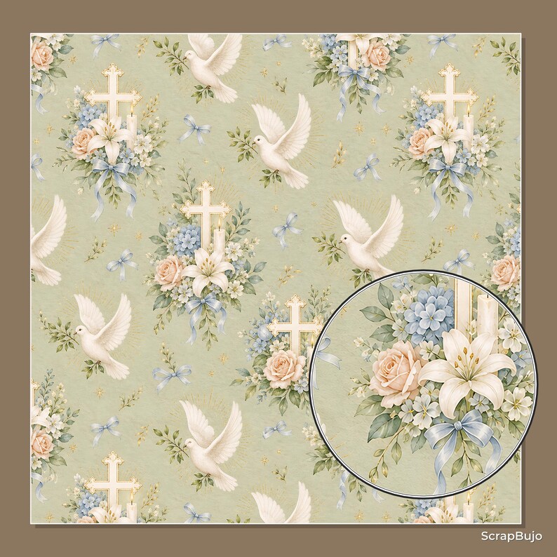 Akvarell dop, första nattvard, scrapbookpapper, religiösa blommiga duvljusdesigner (12x12 JPG) bild 15