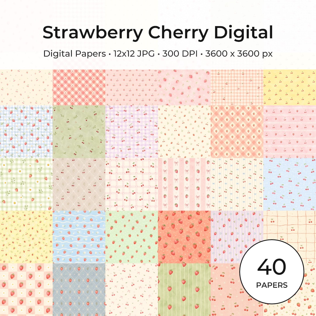 Strawberry Cherry Digital Paper Pack, Cottagecore Scrapbook Patterns (Digital Download)