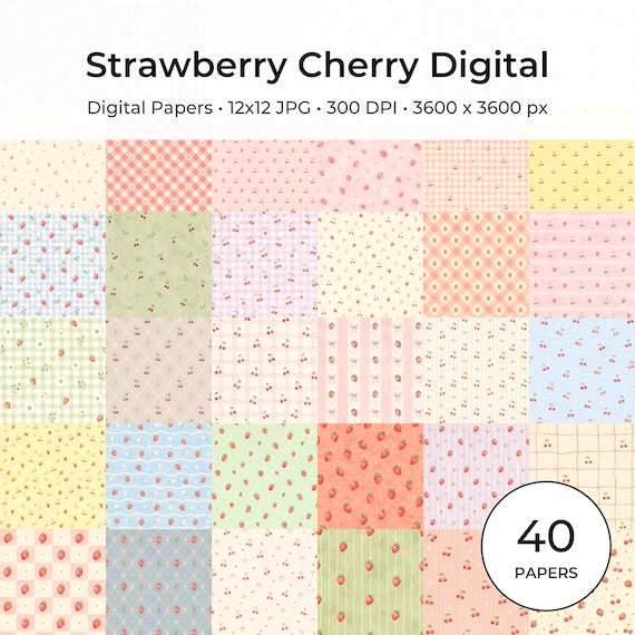 Strawberry Cherry Digital Paper Pack, Cottagecore Scrapbook Patterns (Digital Download)
