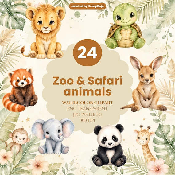 Watercolor Baby Zoo Animals Clipart, Safari Nursery PNG, JPG (Digital Download)