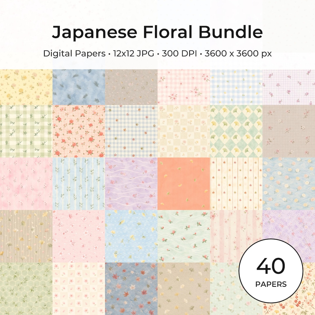 Japanese Floral Digital Papers Bundle | Watercolor Sakura, Ginkgo, Bamboo Patterns (12×12 JPG)