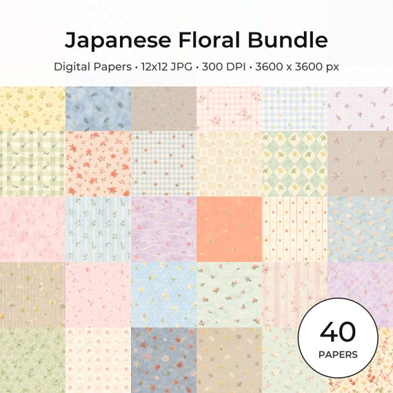 Japanese Floral Digital Papers Bundle | Watercolor Sakura, Ginkgo, Bamboo Patterns (12×12 JPG)