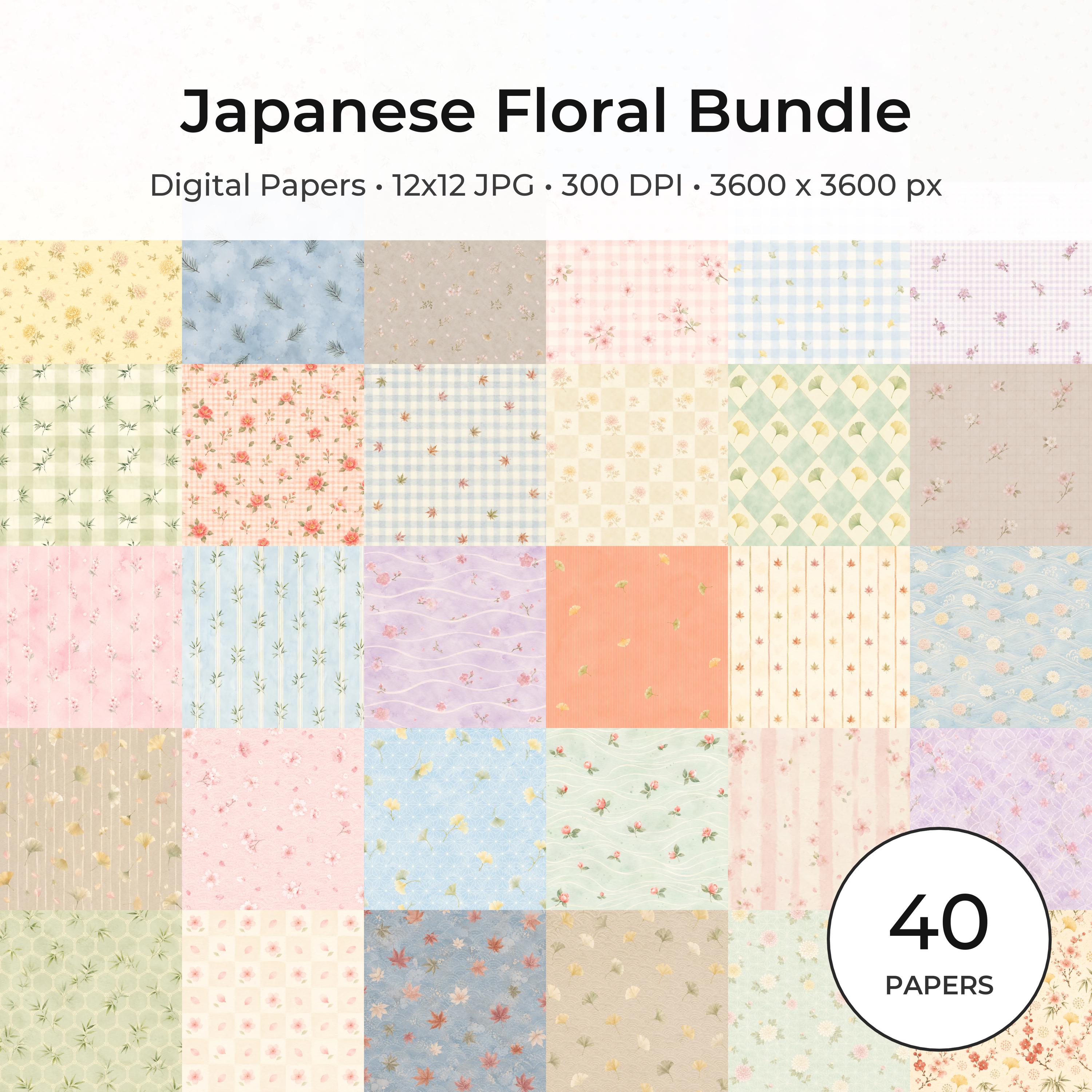 Japanese Floral Digital Papers Bundle | Watercolor Sakura, Ginkgo, Bamboo Patterns (12×12 JPG) digital paper preview
