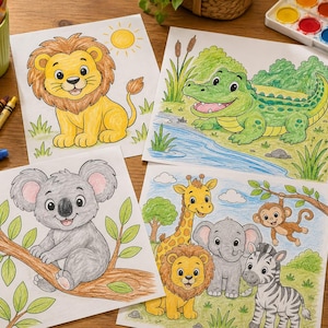 Puede incluir: Cuatro páginas para colorear con animales, con un león, un cocodrilo, un koala y un grupo de animales que incluyen una jirafa, un elefante, una cebra, un león y un mono. Crayones, lápices de colores y acuarelas están dispersos.