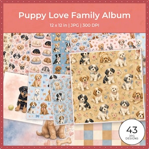 May include: A digital collection titled Puppy Love Family Album featuring 43 JPG designs. The images display various puppy breeds in watercolour styles, including floral patterns, hearts, and bows, measuring 30.48 x 30.48 cm at 300 DPI resolution.