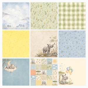 Baby Rhino Safari Digital Paper Bundle, 28 JPG Jungle Nursery Papers, Rhino Die Cut Sheets, Baby Shower Scrapbook 12×12 preview 3