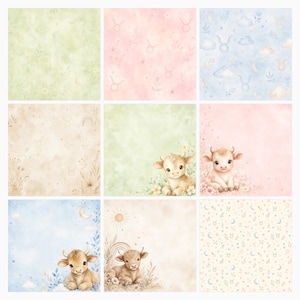 Taurus Baby Nursery Digital Paper Pack, Watercolor Calf, Zodiac Scrapbook Papers (Digital Download) preview 2