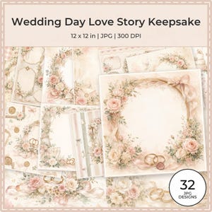 Peut inclure: Une collection numérique intitulée Wedding Day Love Story Keepsake comprenant 32 designs JPG en 30,48 x 30,48 cm et 300 DPI. Les images présentent des arrangements floraux doux avec des roses roses, des anneaux dorés, des rubans et des enveloppes.