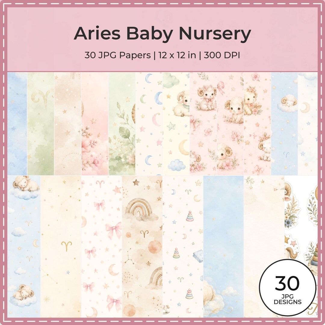 Aries Baby Nursery Digital Papers, Watercolor Rams, Celestial Boho Patterns (Digital Download)