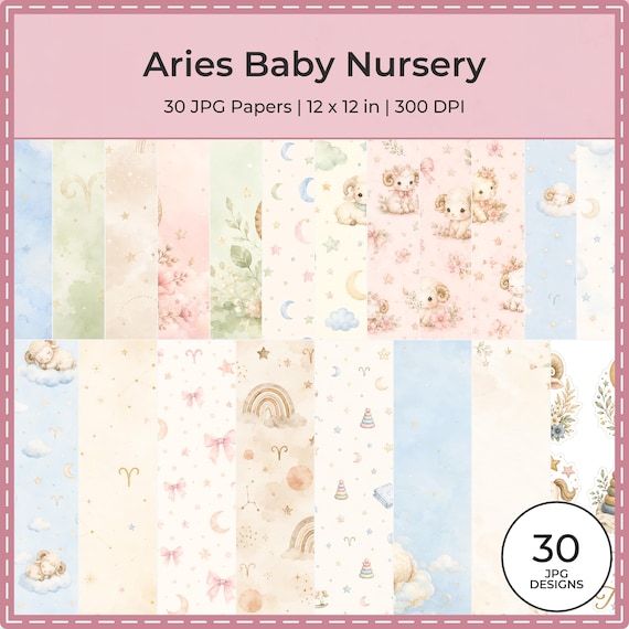 Aries Baby Nursery Digital Papers, Watercolor Rams, Celestial Boho Patterns (Digital Download)