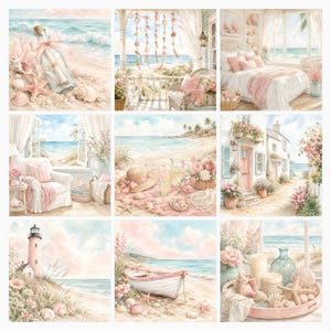 Coastal Pink Watercolor Digital Scrapbook Papers (45 JPG), Beach Cottage Die Cuts (Digital Download) preview 6