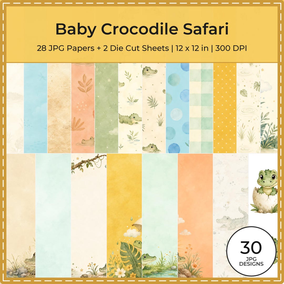 Baby Crocodile Safari Watercolor Papers, Jungle Nursery Scrapbook Die Cuts (Digital Download)
