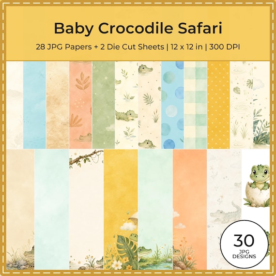 Baby Crocodile Safari Watercolor Papers, Jungle Nursery Scrapbook Die Cuts (Digital Download)