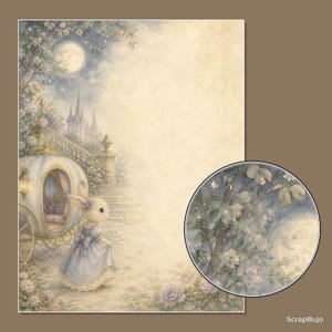 Peut inclure: Une feuille de papeterie rectangulaire avec une illustration &agrave; l'aquarelle d'un lapin en robe bleue pr&egrave;s d'un carrosse et d'un ch&acirc;teau sous une pleine lune. Un encart circulaire montre le feuillage au clair de lune. Texte : ScrapBujo.