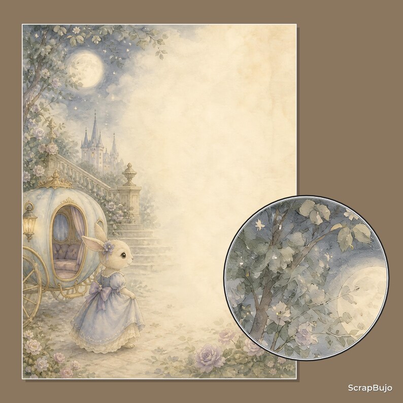 Peut inclure: Une feuille de papeterie rectangulaire avec une illustration &agrave; l'aquarelle d'un lapin en robe bleue pr&egrave;s d'un carrosse et d'un ch&acirc;teau sous une pleine lune. Un encart circulaire montre le feuillage au clair de lune. Texte : ScrapBujo.