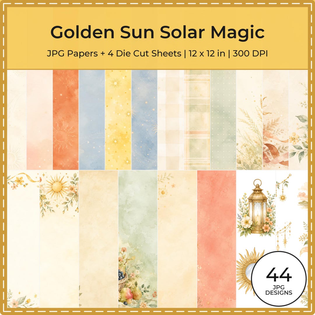 Golden Sun Solar Magic Scrapbook Papers, Watercolor Sunflowers, Die Cuts (Digital Download)