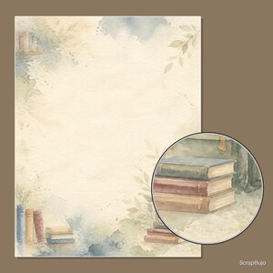 May include: A rectangular stationery sheet featuring a watercolor illustration of books on shelves and leafy branches in muted blue, green, and beige tones. A circular inset shows a magnified view of a stack of three books with weathered covers.