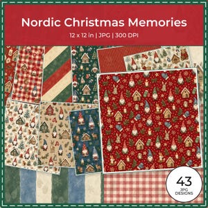 Puede incluir: Una colecci&oacute;n digital titulada Nordic Christmas Memories, 30,48 x 30,48 cm, 300 DPI, con 43 dise&ntilde;os de papel estampado. Los gr&aacute;ficos incluyen gnomos, casitas, pinos, animales del bosque, copos de nieve y manoplas en rojo, verde y beige.