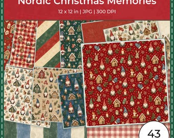 Paquete de papeles digitales navideños nórdicos, álbum de recortes navideño escandinavo, 40 papeles JPG