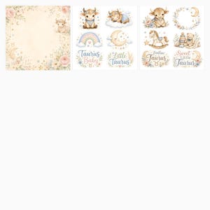 Taurus Baby Nursery Digital Paper Pack, Watercolor Calf, Zodiac Scrapbook Papers (Digital Download) preview 5