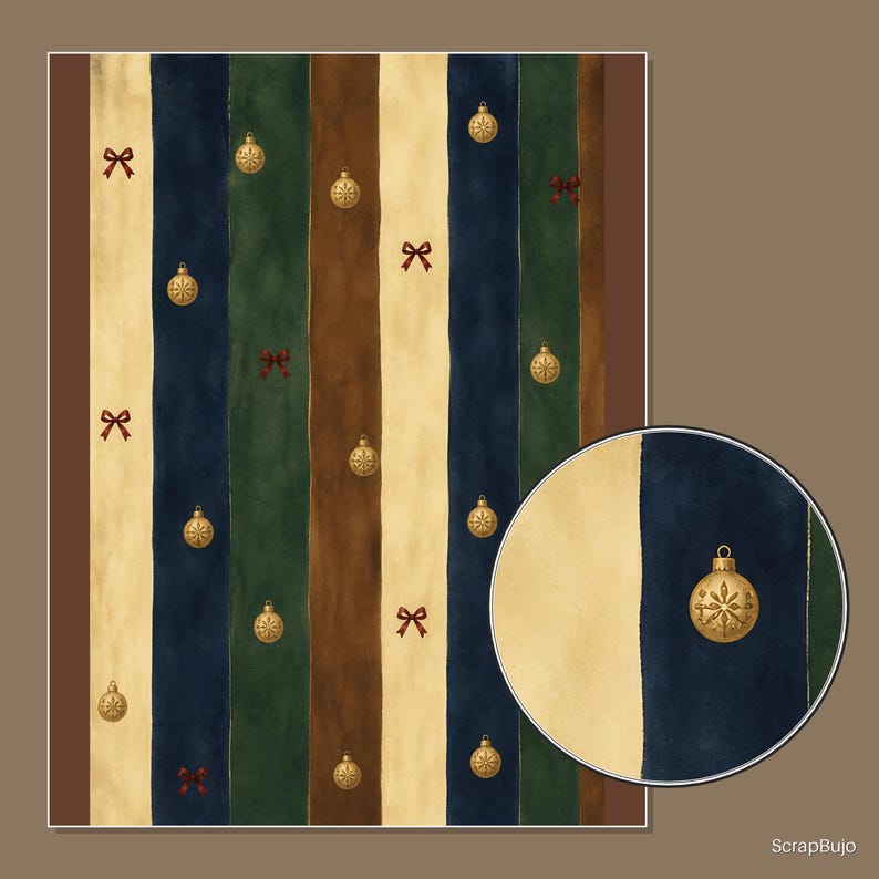 Op de afbeelding: Een digitaal papierontwerp met verticale strepen in cr&egrave;me, marineblauw en bosgroen. Het patroon is versierd met kleine goudkleurige kerstballen en kleine donkerrode strikjes. Een cirkelvormige inzet toont een vergrote weergave van het ornament.