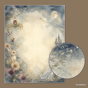 Peut inclure: Une feuille de papier rectangulaire avec une illustration &agrave; l'aquarelle au centre cr&egrave;me, entour&eacute;e d'un ciel &eacute;toil&eacute; bleu fonc&eacute;, d'un carrosse dor&eacute;, d'un ch&acirc;teau, d'un lapin, de fleurs et de pantoufles de verre, avec un zoom circulaire.
