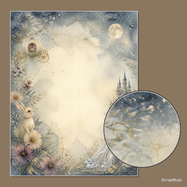 Peut inclure: Une feuille de papier rectangulaire avec une illustration &agrave; l'aquarelle au centre cr&egrave;me, entour&eacute;e d'un ciel &eacute;toil&eacute; bleu fonc&eacute;, d'un carrosse dor&eacute;, d'un ch&acirc;teau, d'un lapin, de fleurs et de pantoufles de verre, avec un zoom circulaire.