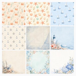 Nautical Digital Paper Pack, Watercolor Coastal Scrapbook Pages (12×12 JPG, 300 DPI) preview 6