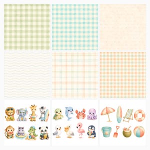 Baby Safari Scrapbook Paper Bundle | Watercolor Kawaii Animals, Beach Patterns (Digital Download) preview 2