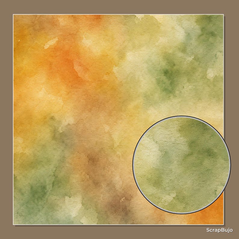May include: A square digital paper featuring a watercolor texture with blended shades of mustard yellow, olive green, and earthy brown. A circular inset on the right side provides a magnified view of the green and brown watercolor paint texture.