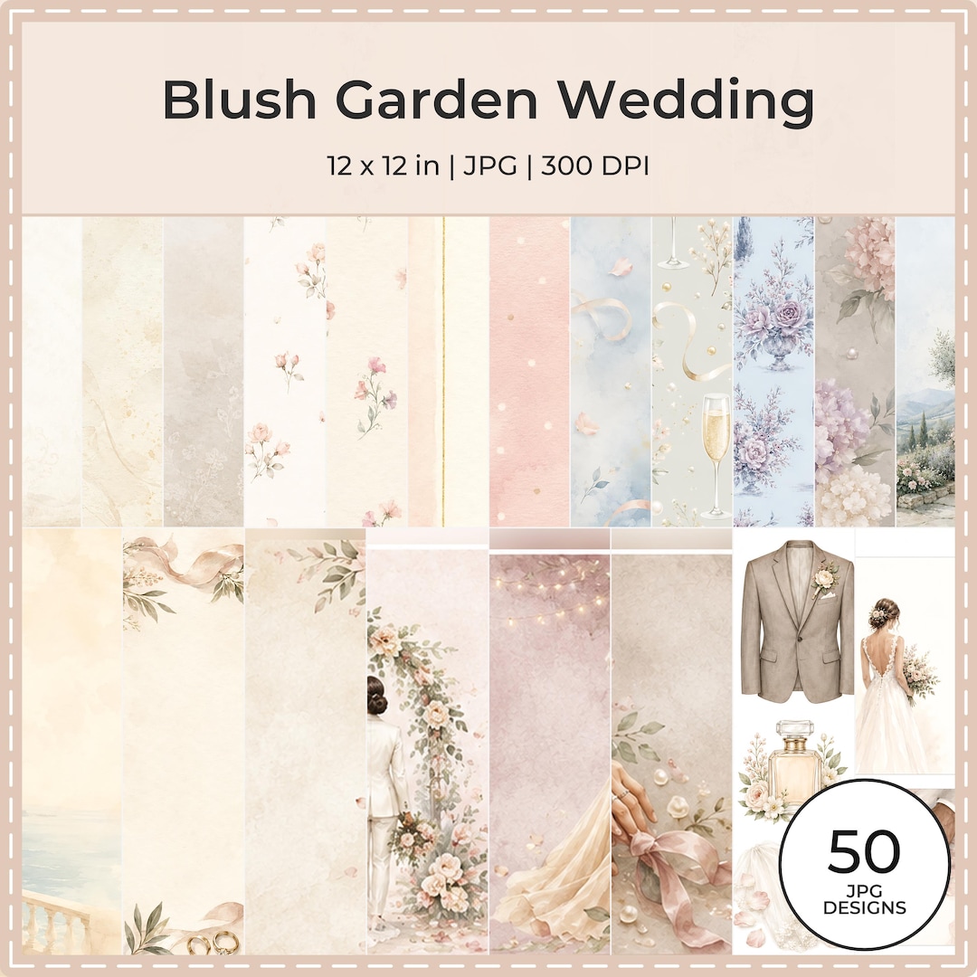 Blush Garden Wedding Digital Scrapbook Papers, Floral Die Cuts, Journal Cards (Digital Download)