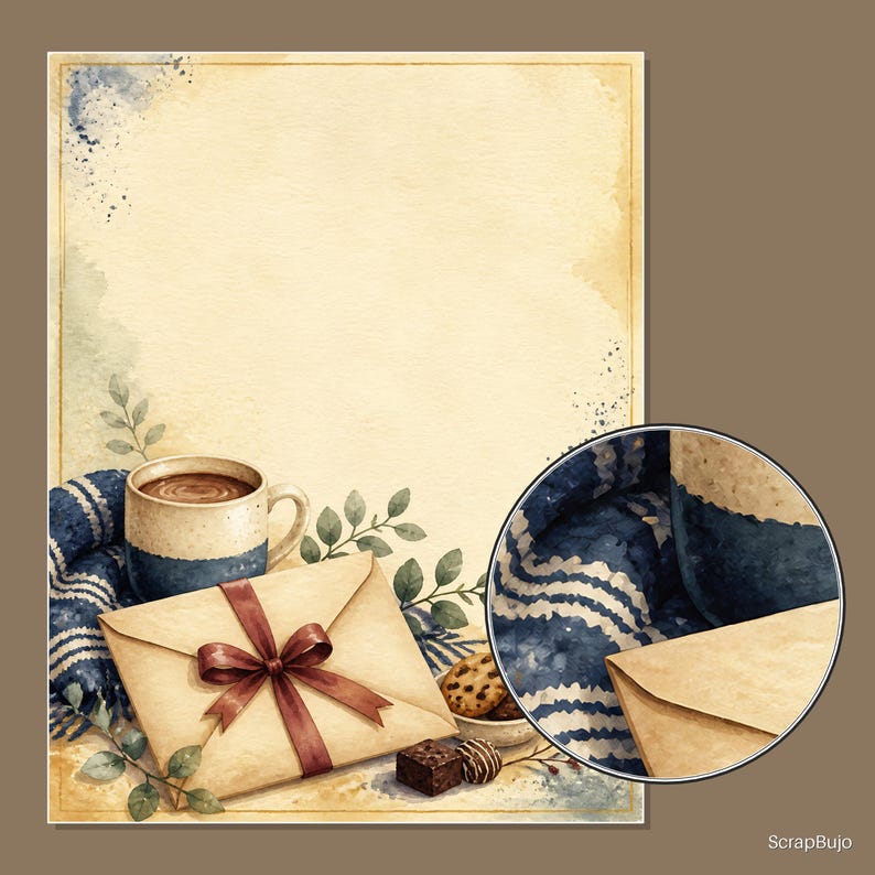 May include: A rectangular stationery sheet with a cream-colored center and a watercolor border featuring a blue and white mug, a tan envelope tied with a dark red ribbon, green leaves, a chocolate chip cookie, and a small chocolate square.