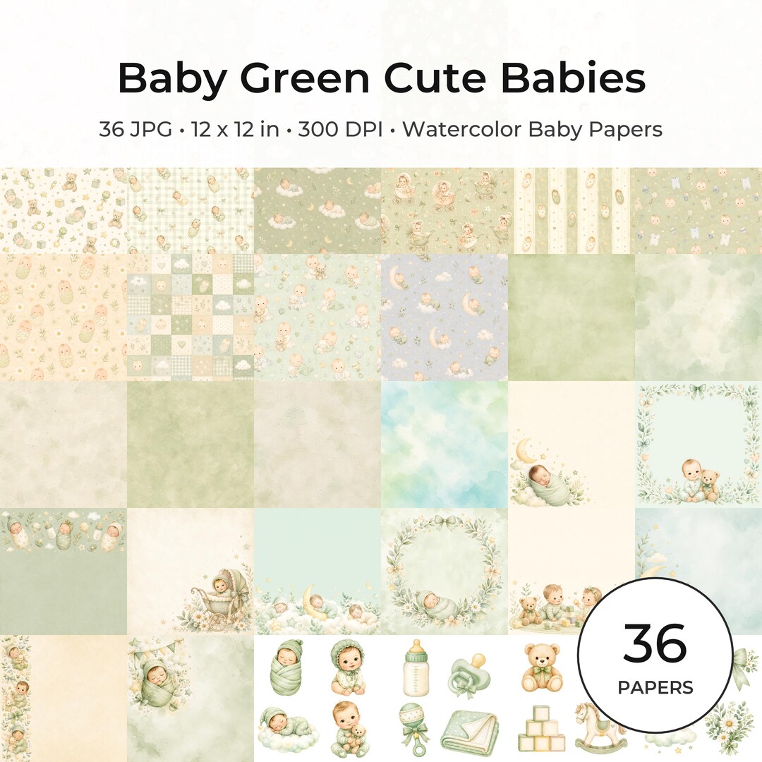 36 Watercolor Baby Papers, Green Nursery Scrapbook Patterns (JPG)